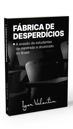 O livro Fábrica de Desperdícios, de Igor Valentim, em pé, visto de três quartos, sobre fundo branco