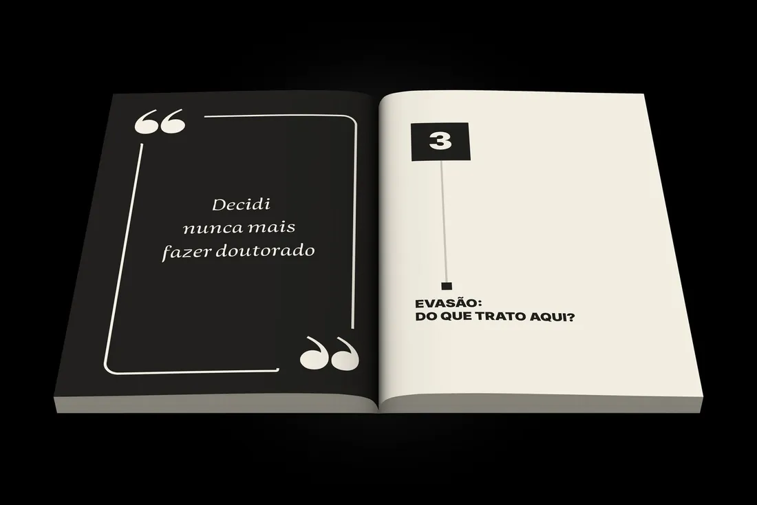 Livro Fábrica de Desperdícios aberto: à esquerda, a frase "Decidi nunca mais fazer doutorado"; à direita, a abertura do capítulo 3
