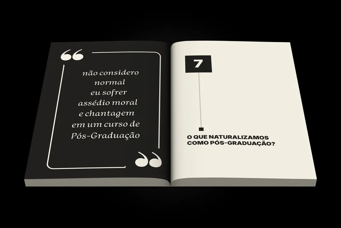 Livro Fábrica de Desperdícios aberto: à esquerda, a frase "não considero normal eu sofrer assédio moral e chantagem em um curso de Pós-Graduação"; à direita, a abertura do capítulo 7