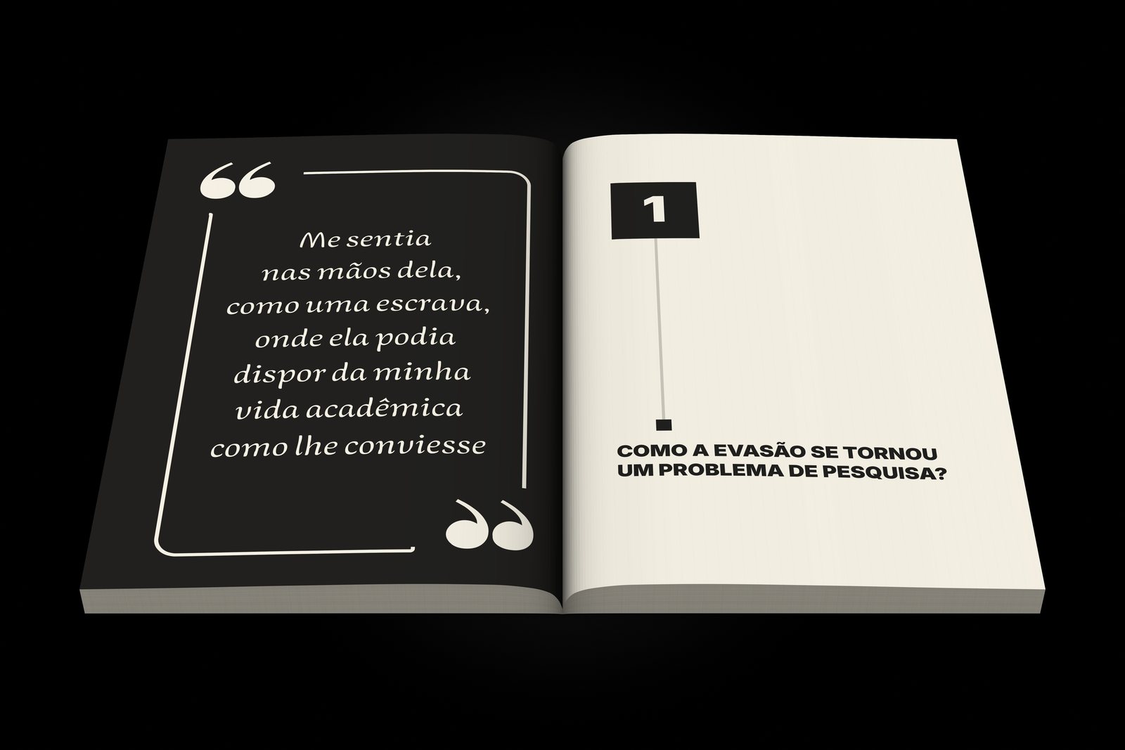 O livro Fábrica de Desperdícios aberto: à esquerda, a frase “Me sentia nas mãos dela, como uma escrava, onde ela podia dispor da minha vida acadêmica como lhe conviesse”; à direita, a abertura do capítulo 1, “Como a evasão se tornou um problema de pesquisa?”