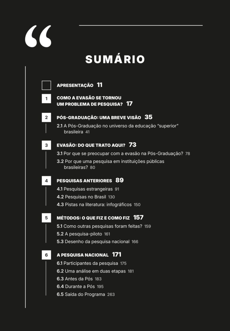 Sumário do livro Fábrica de Desperdícios, parte 1: Apresentação; 1. Como a evasão se tornou um problema de pesquisa?; 2. Pós-Graduação: uma breve visão; 3. Evasão: do que trato aqui?; 4. Pesquisas anteriores; 5. Métodos: o que fiz e como fiz; 6. A pesquisa nacional